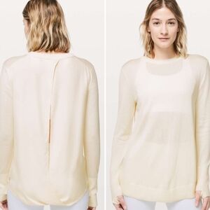 LULULEMON Still At Ease Ivory Cream Cashmere Pullover Angel Wings Back Yoga Sz 8